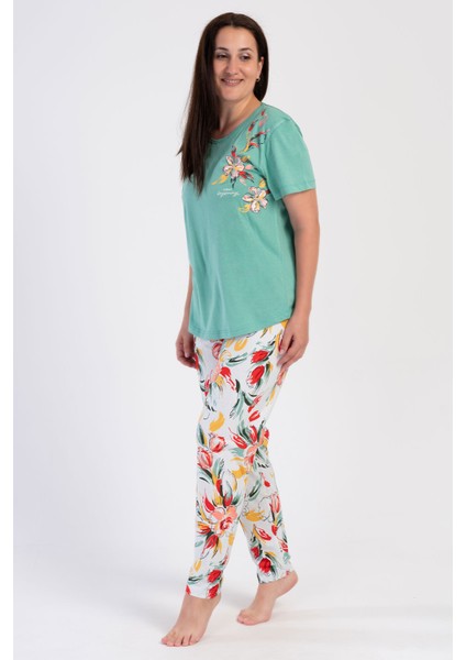 Pamuklu Kadın Büyük Beden Kısa Kol Pijama Takım , 401014