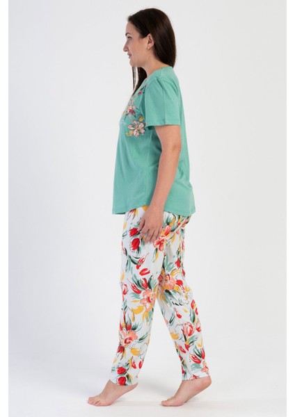 Pamuklu Kadın Büyük Beden Kısa Kol Pijama Takım , 401014