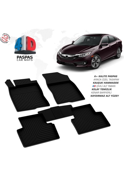 Honda Civic Sd 4d Araca Özel Havuzlu Kauçuk Paspas 2016-2021