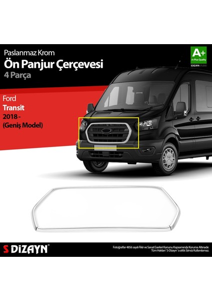 Drs Tuning S-Dizayn Ford Transit Krom Ön Panjur Çerçevesi Geniş Model 4 Prç. 2018 ve Üzeri