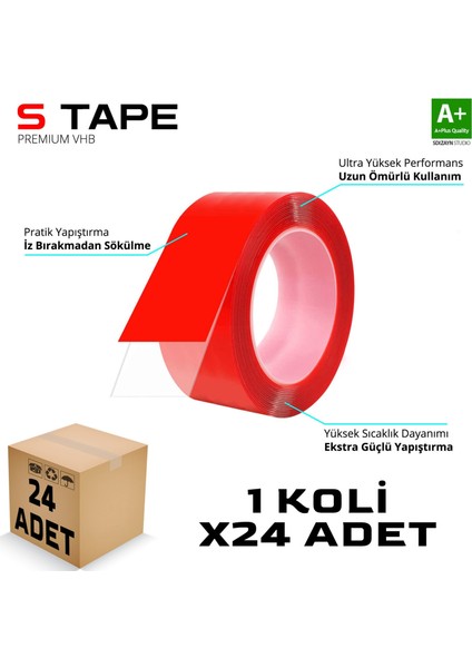 S-Dizayn Çift Taraflı Bant 25MM x 5 Metre Şeffaf Silikon Vhb Bant 24'lü Koli A+Kalite