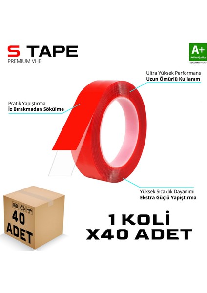 S-Dizayn Çift Taraflı Bant 15MM x 5 Metre Şeffaf Silikon Vhb Bant 40'lı Koli A+Kalite