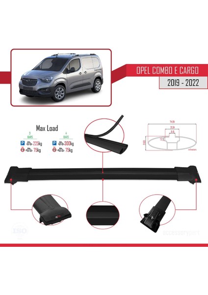 Opel Combo (E) Panelvan 2019-2022 Arası ile Uyumlu Fly Model Ara Atkı Tavan Barı Siyah 4 Adet Bar