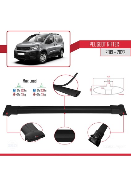 Peugeot Rifter 2019-2022 Arası ile Uyumlu Fly Model Ara Atkı Tavan Barı Siyah 4 Adet Bar