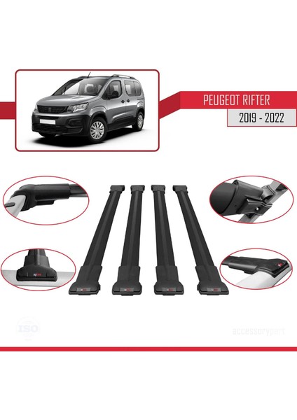 Peugeot Rifter 2019-2022 Arası ile Uyumlu Fly Model Ara Atkı Tavan Barı Siyah 4 Adet Bar