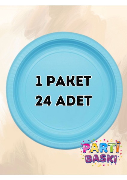 Parti Baskı 1 Paket 24 Adet Açık Mavi Plastik Tabak - Doğum Günü Parti Tabağı