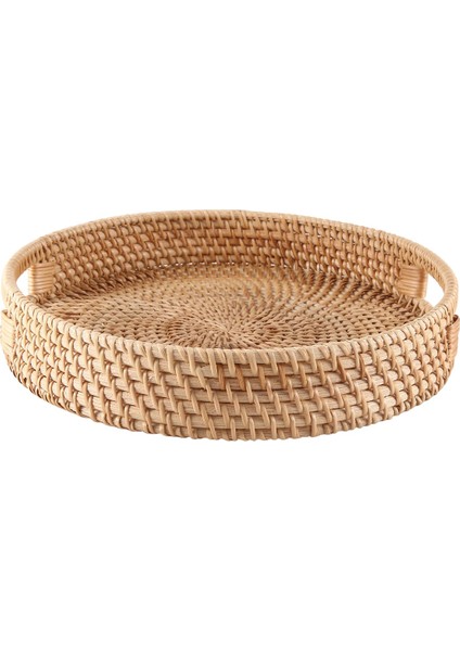 Yuvarlak Rattan Servis Tepsisi Dekoratif Dokuma Osmanlı Sehpa Kulplu Tepsiler Natural(Küçük) (Yurt Dışından)