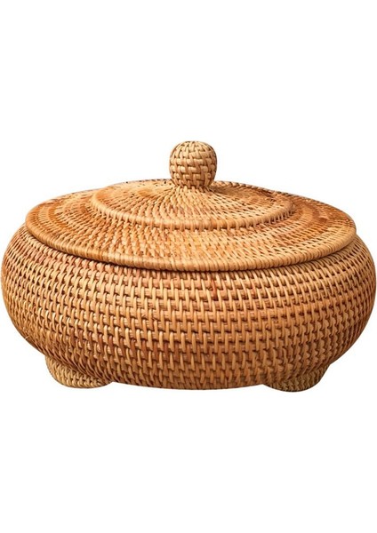 Storage Basket Hand-Woven Rattan Woven With Cover Round Primary Color Chinese Jewelry Snacks Tea Set Storage Box (Yurt Dışından)