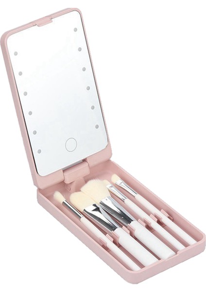 Mirror Portable Makeup Mirror With 5 Brushes Storage Box LED Touch Portable One-Face Storage Box Makeup Mirror Pink (Yurt Dışından)