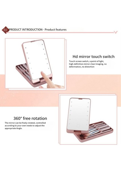 Mirror Portable Makeup Mirror With 5 Brushes Storage Box LED Touch Portable One-Face Storage Box Makeup Mirror Pink (Yurt Dışından)