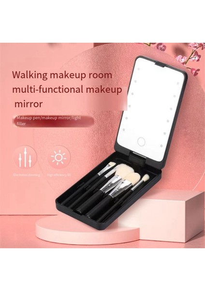 Mirror Portable Makeup Mirror With 5 Brushes Storage Box LED Touch Portable One-Face Storage Box Makeup Mirror Pink (Yurt Dışından)