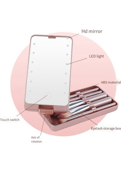 Mirror Portable Makeup Mirror With 5 Brushes Storage Box LED Touch Portable One-Face Storage Box Makeup Mirror Pink (Yurt Dışından)