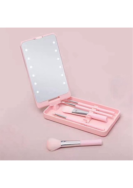 Mirror Portable Makeup Mirror With 5 Brushes Storage Box LED Touch Portable One-Face Storage Box Makeup Mirror Pink (Yurt Dışından)
