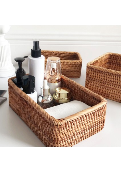 Hand-Woven Rectangular Rattan Wicker Basket Fruit Tea Snack Bread Picnic Cosmetic Storage Box Kitchen Household Tools-L (Yurt Dışından) fiyatları