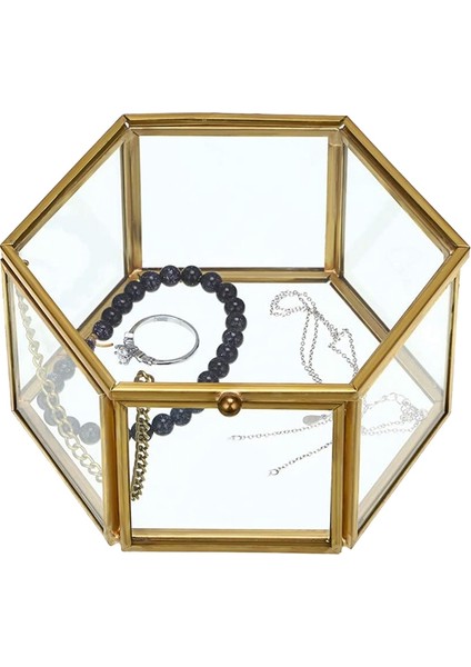 Glass Vintage Jewelry Box Golden Geometric Jewelry Display Organizer Box Home Decorative Box For Storage (Medium) (Yurt Dışından) fiyatları