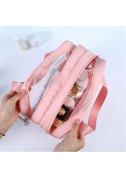 Mat Yarı Saydam Tuvalet Çantası, Kullanışlı Saplı Makyaj Kozmetik Organizatör Çanta Tasarımı, Islak ve Kuru Ayırma, Pembe (Yurt Dışından) modelleri