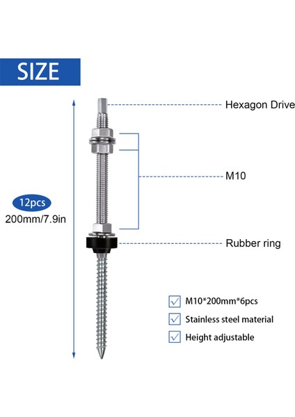 Hanger Bolts, M10 x 200 Mm, Pre-Assembled, V2A, Height-Adjustable, For Photovoltaic Solar Mounting Roofs, 8 Pack (Yurt Dışından)