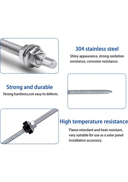Hanger Bolts, M10 x 200 Mm, Pre-Assembled, V2A, Height-Adjustable, For Photovoltaic Solar Mounting Roofs, 8 Pack (Yurt Dışından)