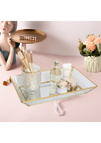 Aynalı Cam Makyaj Tepsisi Vintage Altın Metal Dekoratif Takı Tepsisi Vanity Kozmetik Parfüm Organizatör Dresser S (Yurt Dışından) fiyatları