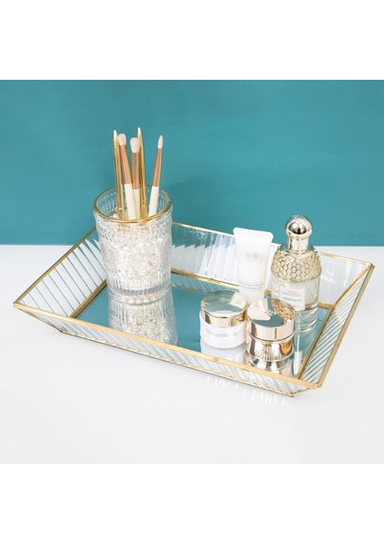 Aynalı Cam Makyaj Tepsisi Vintage Altın Metal Dekoratif Takı Tepsisi Vanity Kozmetik Parfüm Organizatör Dresser S (Yurt Dışından) fırsatları