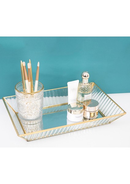 Aynalı Cam Makyaj Tepsisi Vintage Altın Metal Dekoratif Takı Tepsisi Vanity Kozmetik Parfüm Organizatör Dresser S (Yurt Dışından) indirimleri