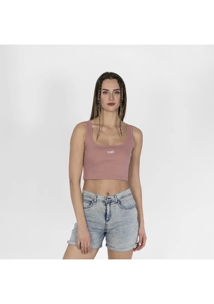 Geniş Askılı Nakışlı Kaşkorse Kadın Pembe Crop