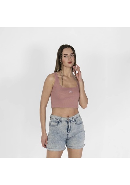 Geniş Askılı Nakışlı Kaşkorse Kadın Pembe Crop