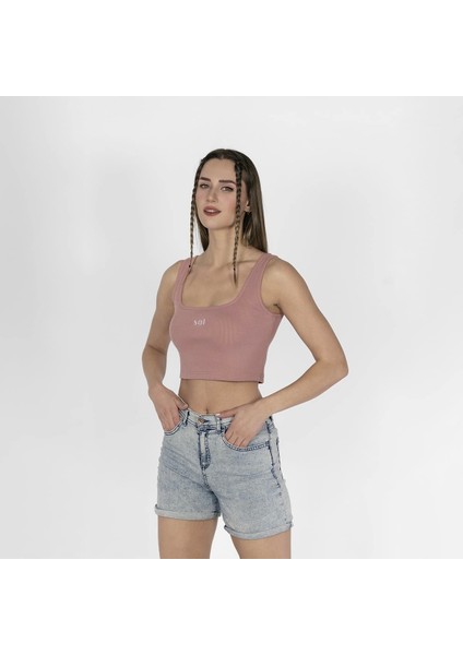 Geniş Askılı Nakışlı Kaşkorse Kadın Pembe Crop