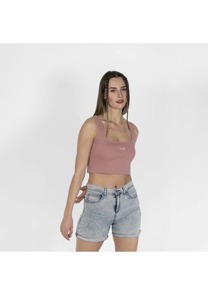 Geniş Askılı Nakışlı Kaşkorse Kadın Pembe Crop