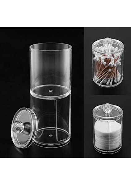 Iki Katmanlı Akrilik Organizatör Plastik Şeffaf Yuvarlak Taşınabilir Konteyner Saklama Kutusu Pamuk ve Ped Kutusu Kozmetik Çubukla Tutucu (Yurt Dışından)