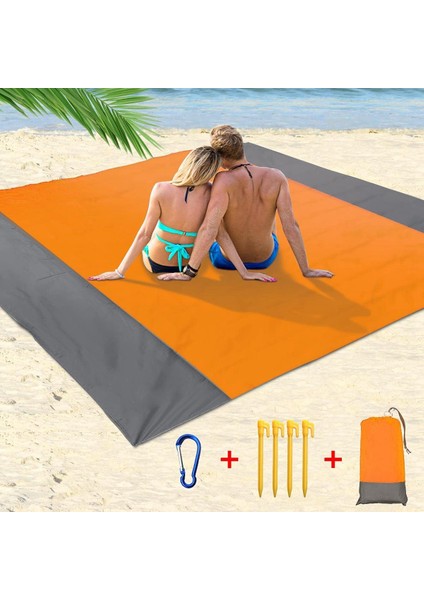 Plaj Battaniyesi, 210 x 200CM Piknik Battaniyesi Ekstra Büyük Su Geçirmez 4 Sabit Çivili Plaj Matı, Plaj Için, Kamp-Turuncu (Yurt Dışından)