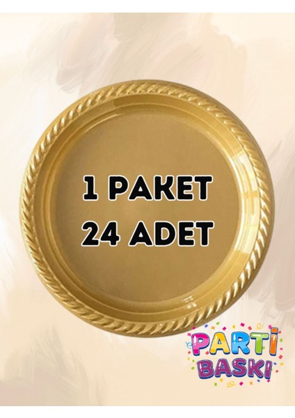 Parti Baskı 1 Paket 24 Adet Gold Altın Sarısı Plastik Tabak - Doğum Günü Parti Tabağı