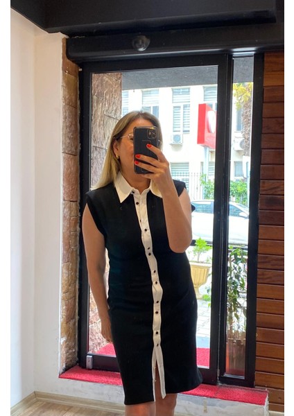Düğmeli Ottoman Kumaş Mini Şık Elbise