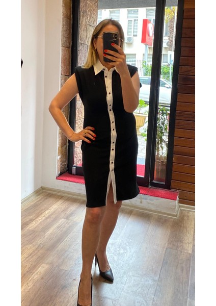 Düğmeli Ottoman Kumaş Mini Şık Elbise