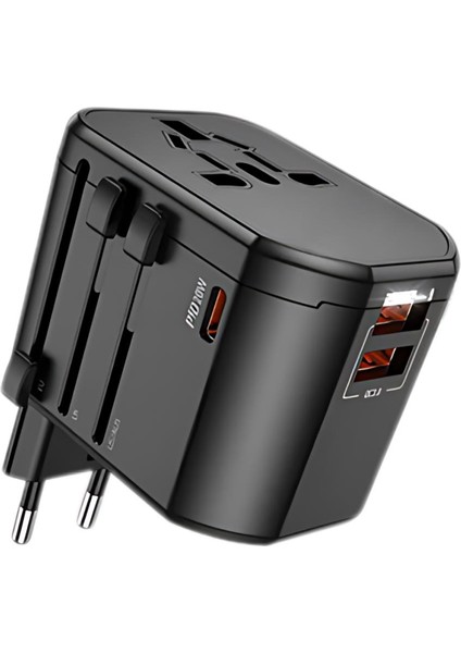 Polham 250V Priz Çevirici Başlık, Avrupa, Usa, Ingiliz Priz Çevirici, 2x Usb, 1x Type C Şarj Başlığı