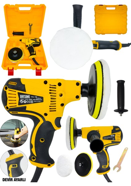 Tam Profesyonel 6 Kademe Devir Ayarlı 125 mm Zımpara Araba Pasta Cila Polisaj Makinesi-Sarı