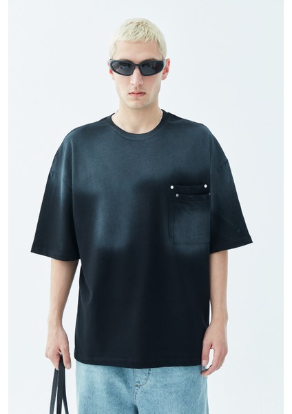 Yıkamalı Cep Detaylı Oversıze T-Shirt Siyah