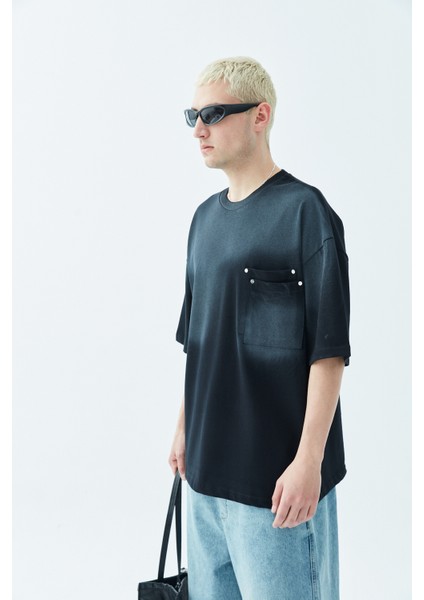 Yıkamalı Cep Detaylı Oversıze T-Shirt Siyah