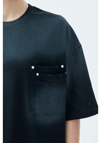 Yıkamalı Cep Detaylı Oversıze T-Shirt Siyah