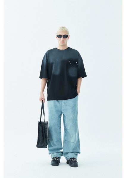 Yıkamalı Cep Detaylı Oversıze T-Shirt Siyah