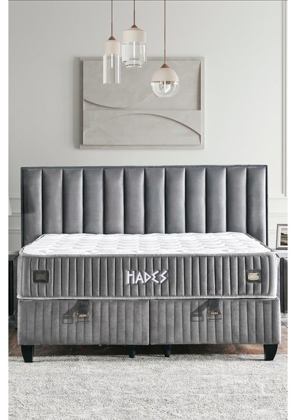 Hades Yatak Baza ve Başlık Seti 90X190 cm Tek Kişilik Paket Yaylı Lüks Yatak Koyu Gri Baza Başlık