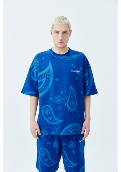 Oversıze Desenli Şort T-Shırt Takım Saks modelleri