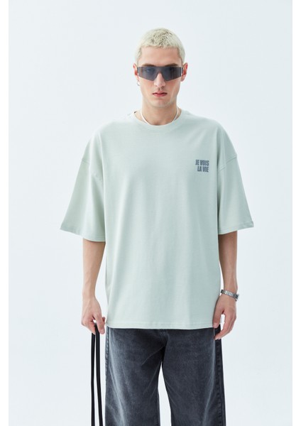 Arka Çiçek Baskılı Oversıze T-Shirt Mint