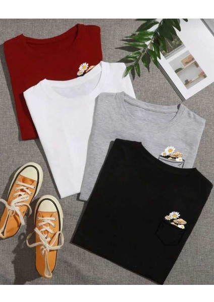 Kadın Cep Baskılı 4'lü Bisiklet Yaka Salaş Oversize Boyfriend Kırmızı, Siyah, Beyaz, Gri, Mavi T-Shirt