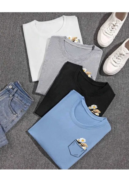 Kadın Cep Baskılı 4'lü Bisiklet Yaka Salaş Oversize Boyfriend Kırmızı, Siyah, Beyaz, Gri, Mavi T-Shirt
