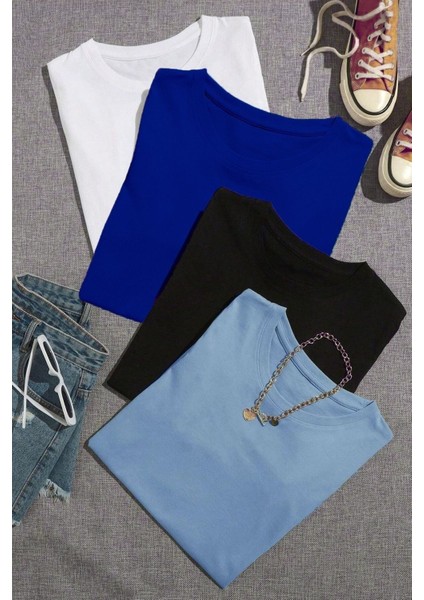 Kadın Basic Düz Baskızı 4'lü Bisiklet Yaka Salaş Oversize Boyfriend Kırmızı, Siyah, Beyaz, Gri T-Shirt