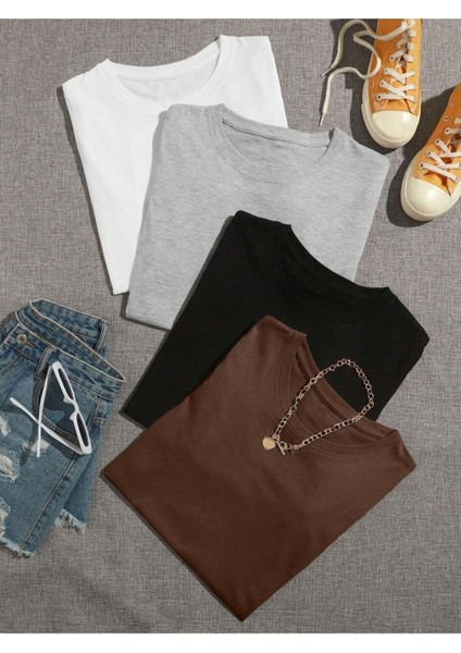 Kadın Basic Düz Baskızı 4'lü Bisiklet Yaka Salaş Oversize Boyfriend Kahverengi, Siyah, Beyaz, Gri T-Shirt