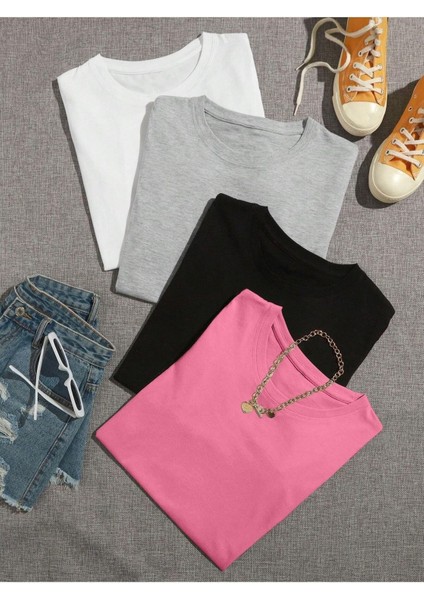 Kadın Basic Düz Baskızı 4'lü Bisiklet Yaka Salaş Oversize Boyfriend Kahverengi, Siyah, Beyaz, Gri T-Shirt