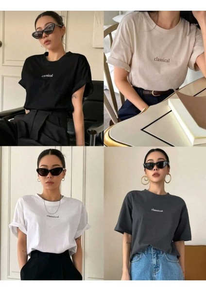 Kadın Classical Baskılı 4'lü Bisiklet Yaka Salaş Oversize Boyfriend Siyah, Beyaz, Füme, Bej T-Shirt