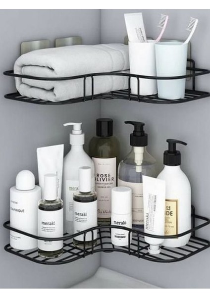2 Adet Yapışkanlı Paslanmaz Metal Düzenleyici Banyo Köşeliği Banyo Rafı Şampuanlık